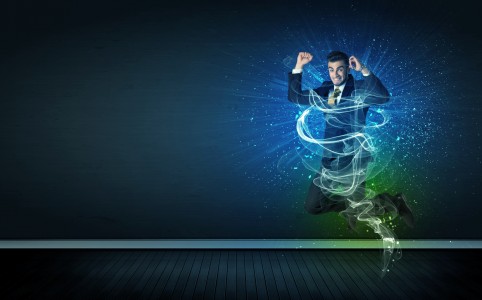 Talented cheerful businessman jumping with glowing energy lines on background